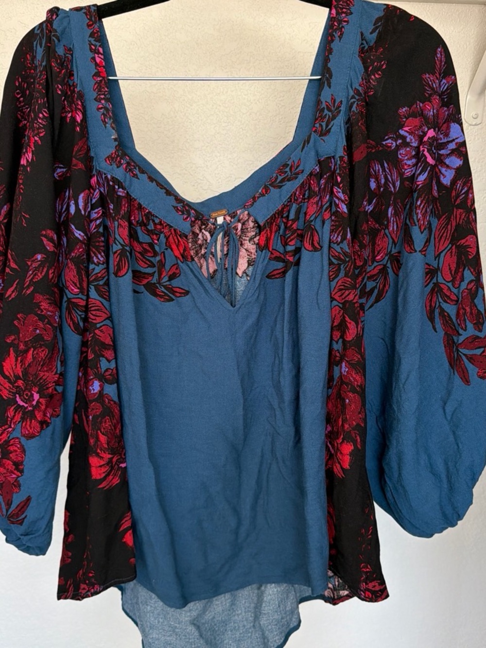 Free People Blue Boho Floral Tunic with Black Floral Sleeves